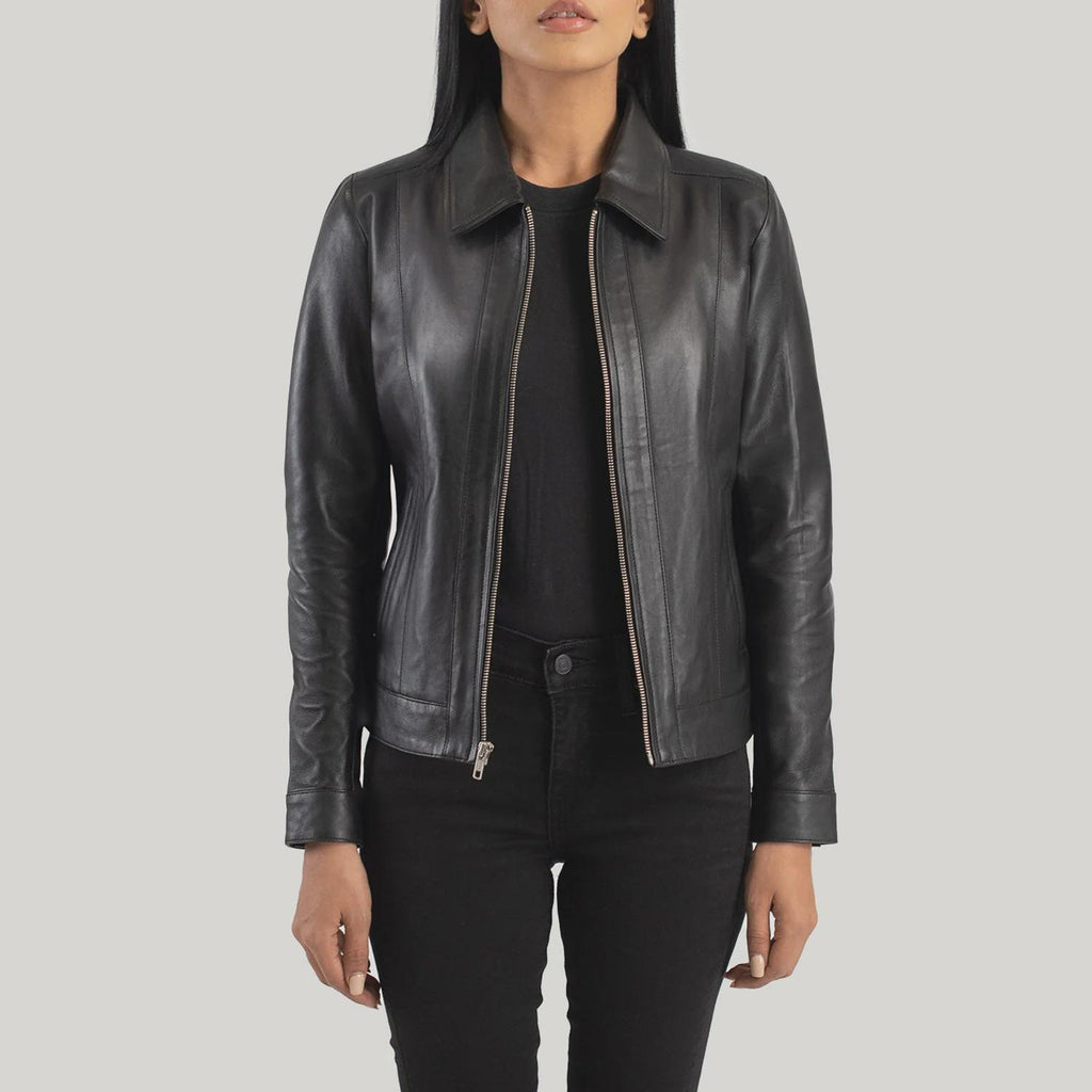 Women's Classic Black Leather Jacket with Collar