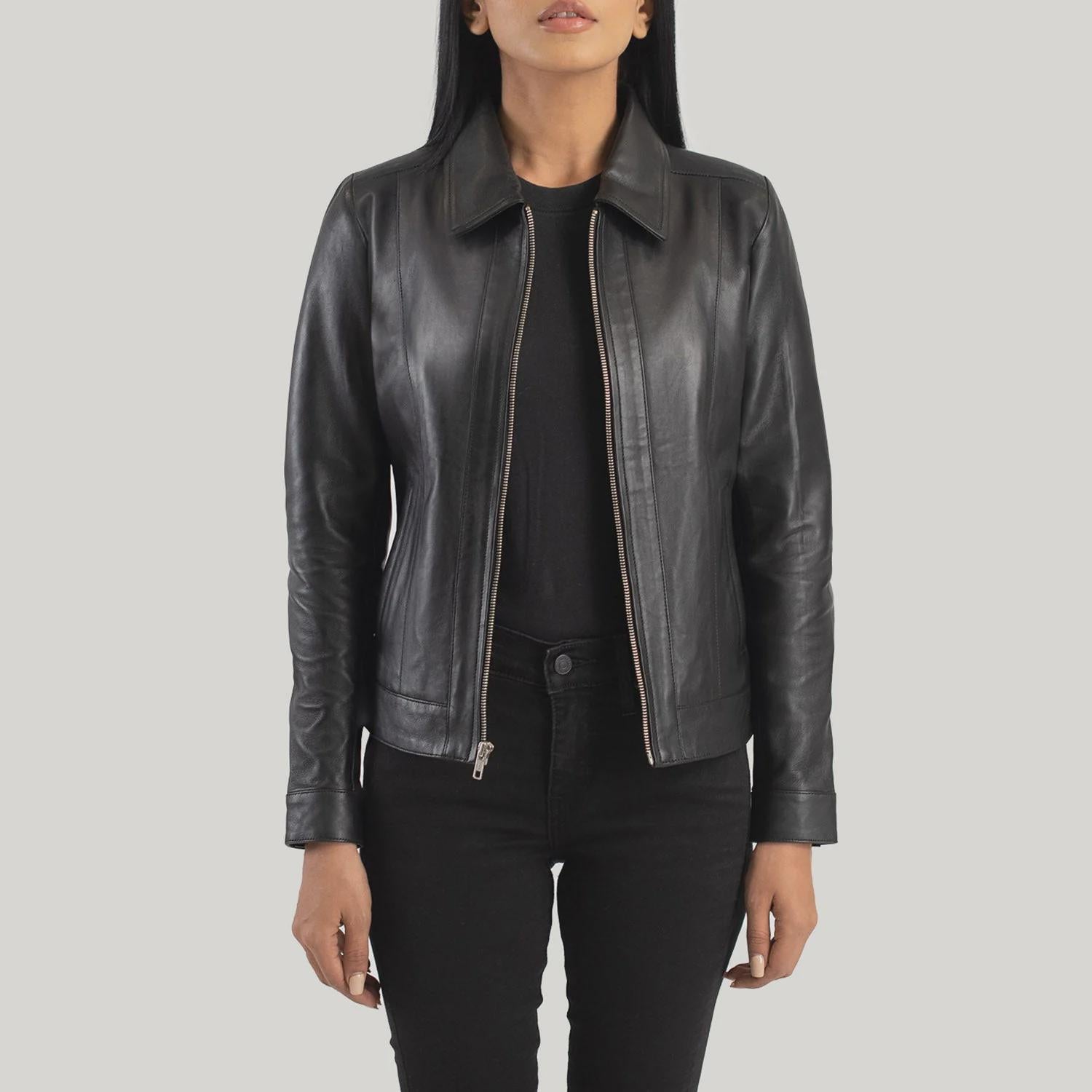 Women's Classic Black Leather Jacket with Collar