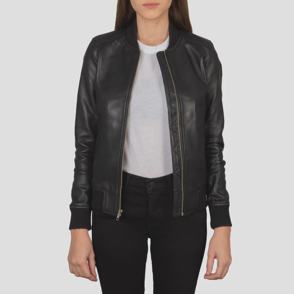 Women's Black Leather Jacket with Ribbed Trim