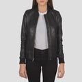 Women's Black Leather Jacket with Ribbed Trim