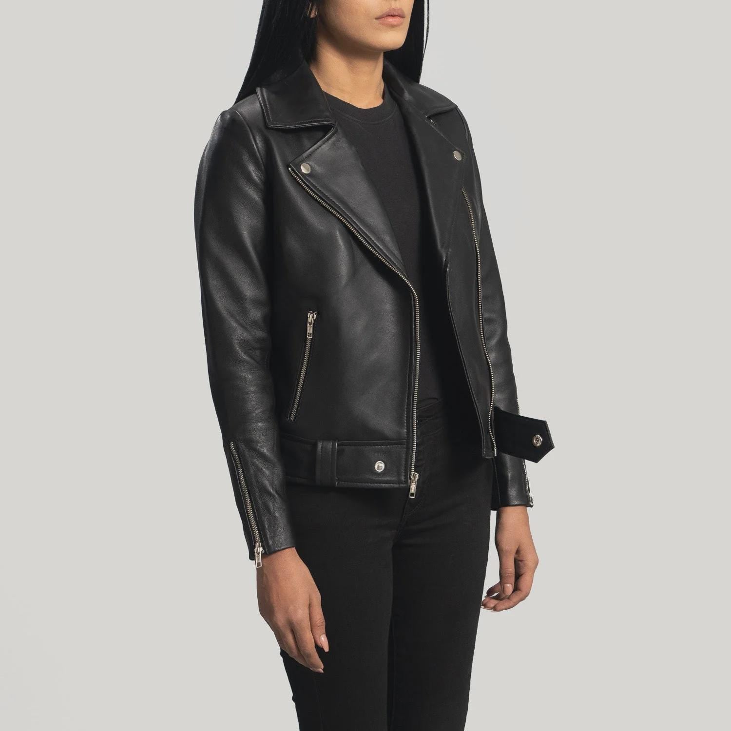 Women's Black Zip Cuff Biker Jacket