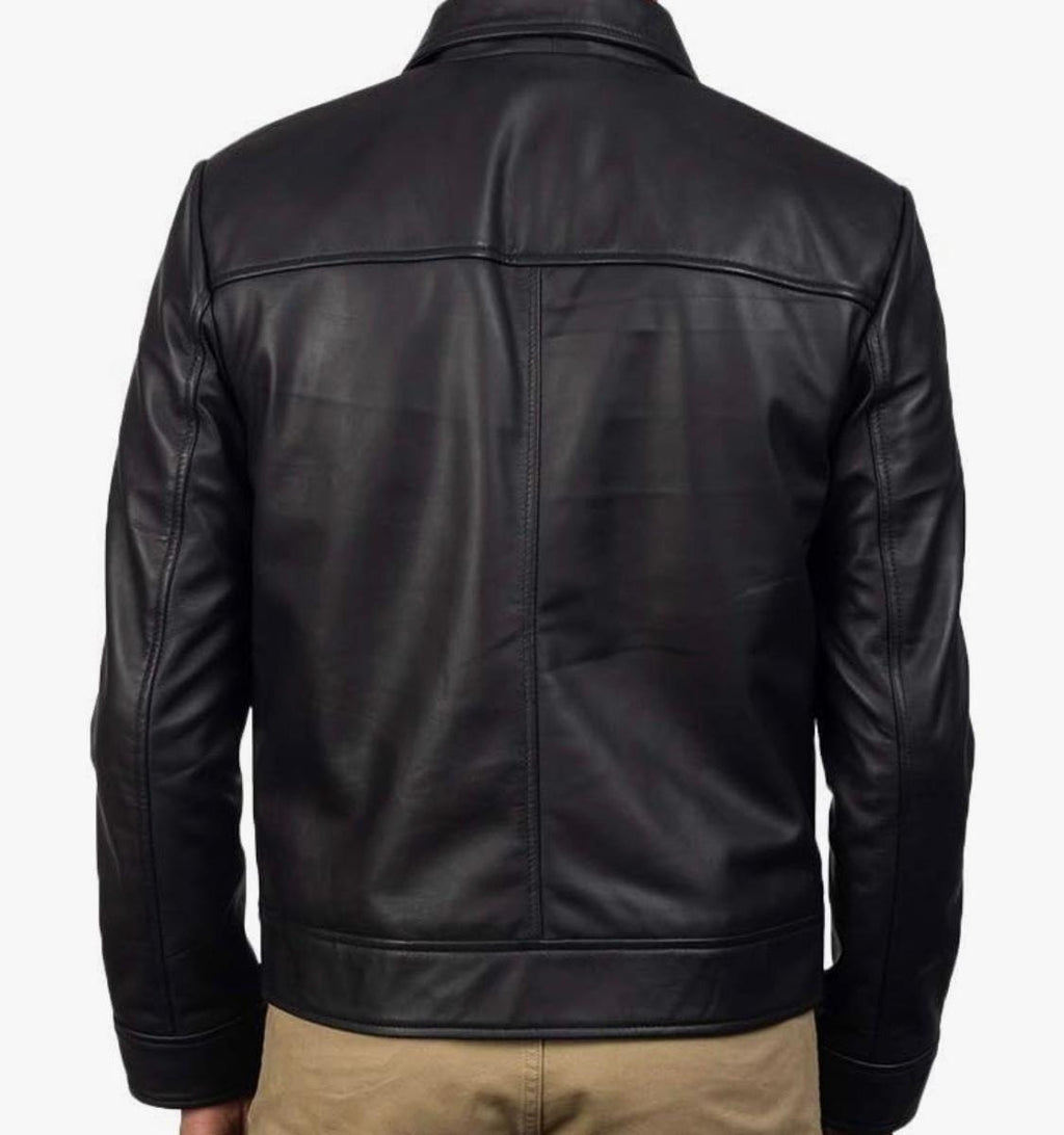 Men's Classic Black Leather Jacket with Collar