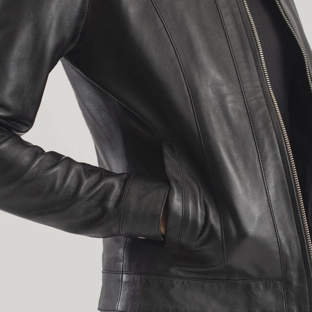 Women's Classic Black Leather Jacket with Collar