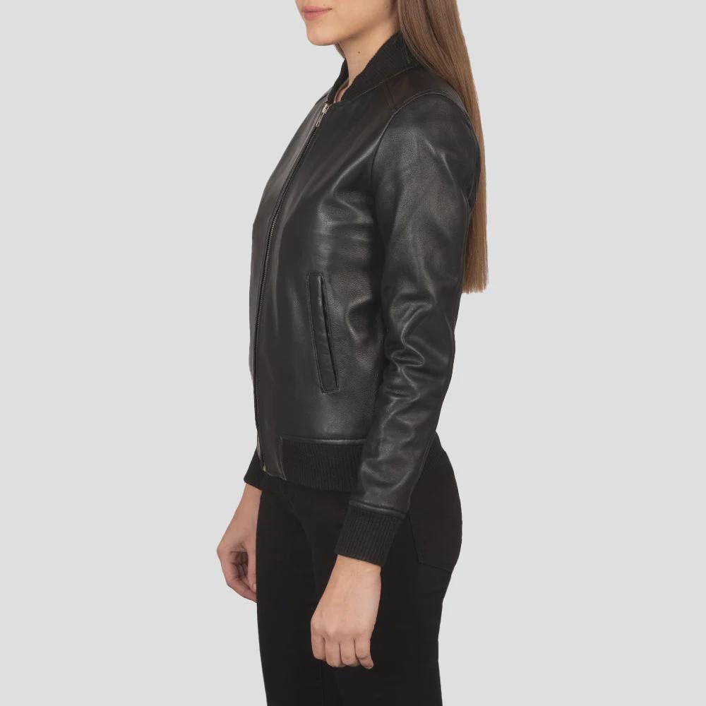 Women's Black Leather Jacket with Ribbed Trim
