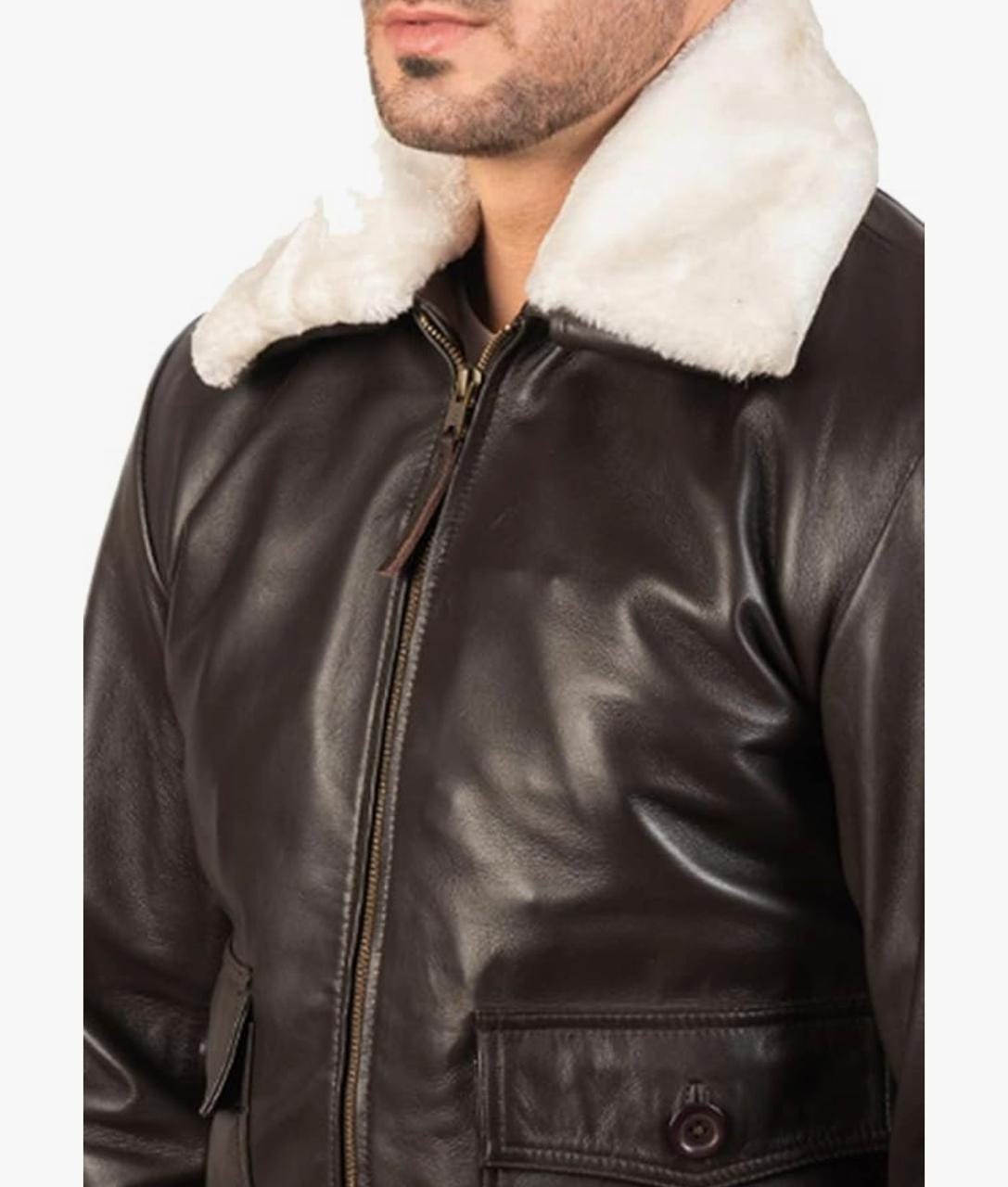 Men's Leather Aviator Jacket with white Faux Fur