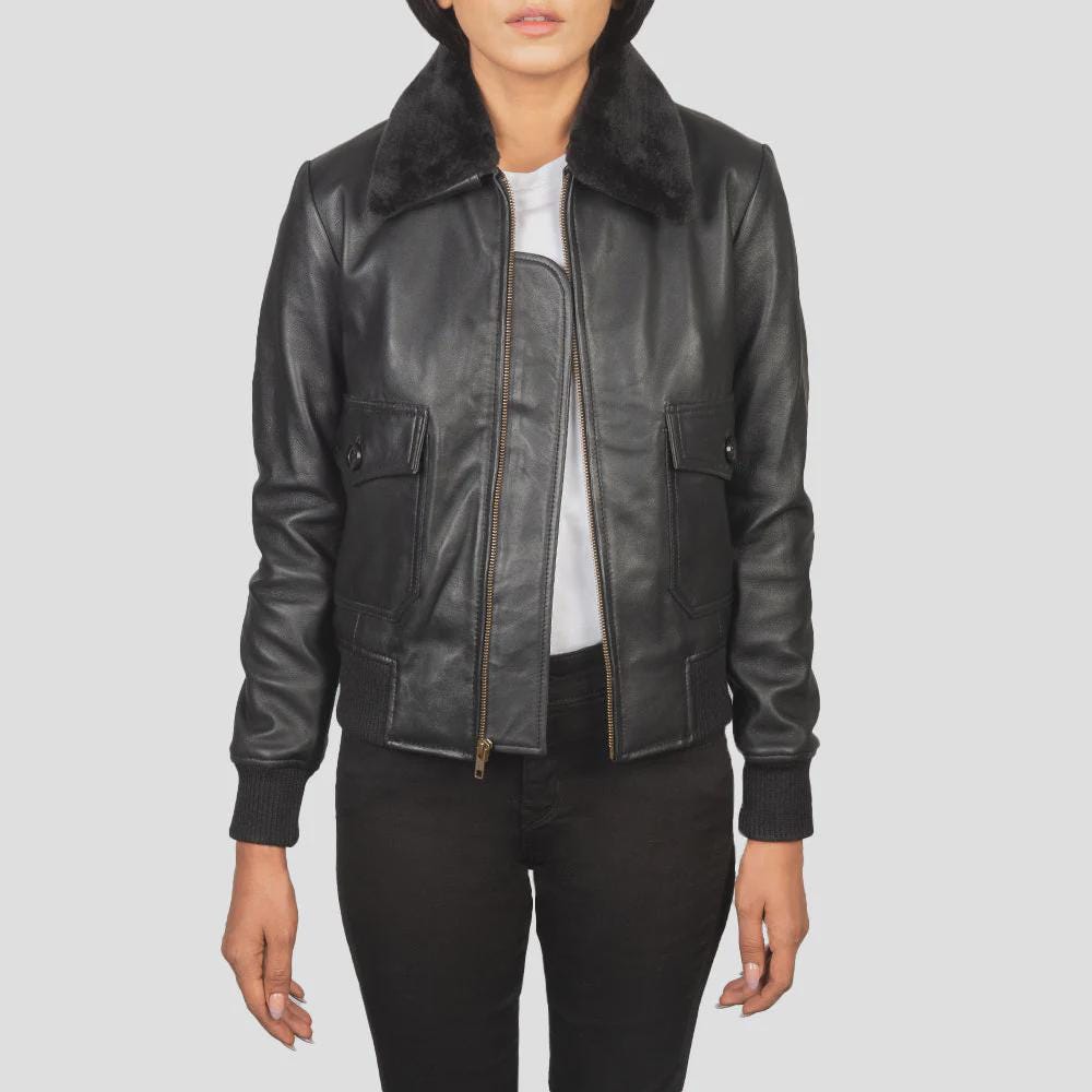 Women's Black Leather Bomber Jacket with Faux Fur Collar