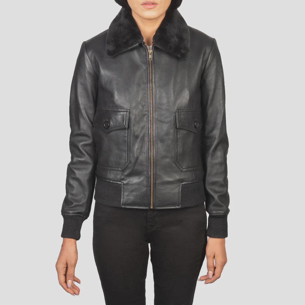 Women's Black Leather Bomber Jacket with Faux Fur Collar