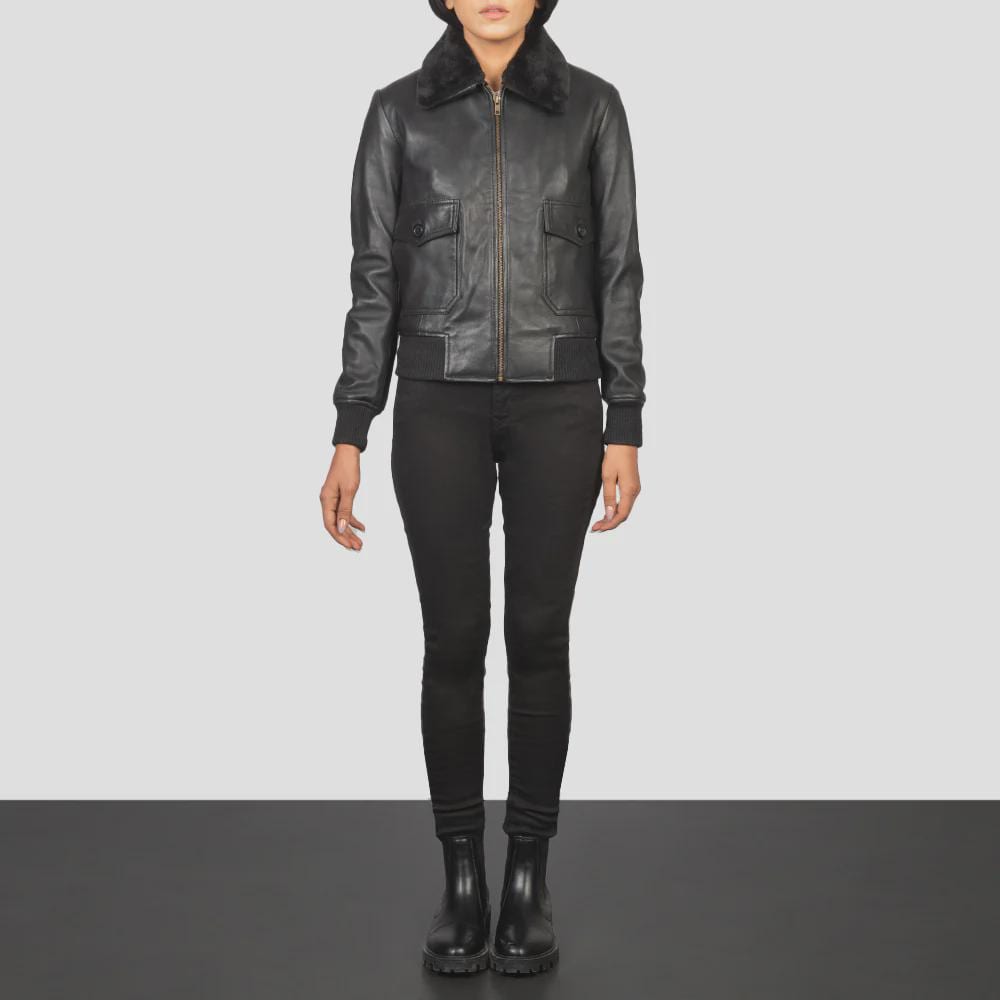 Women's Black Leather Bomber Jacket with Faux Fur Collar