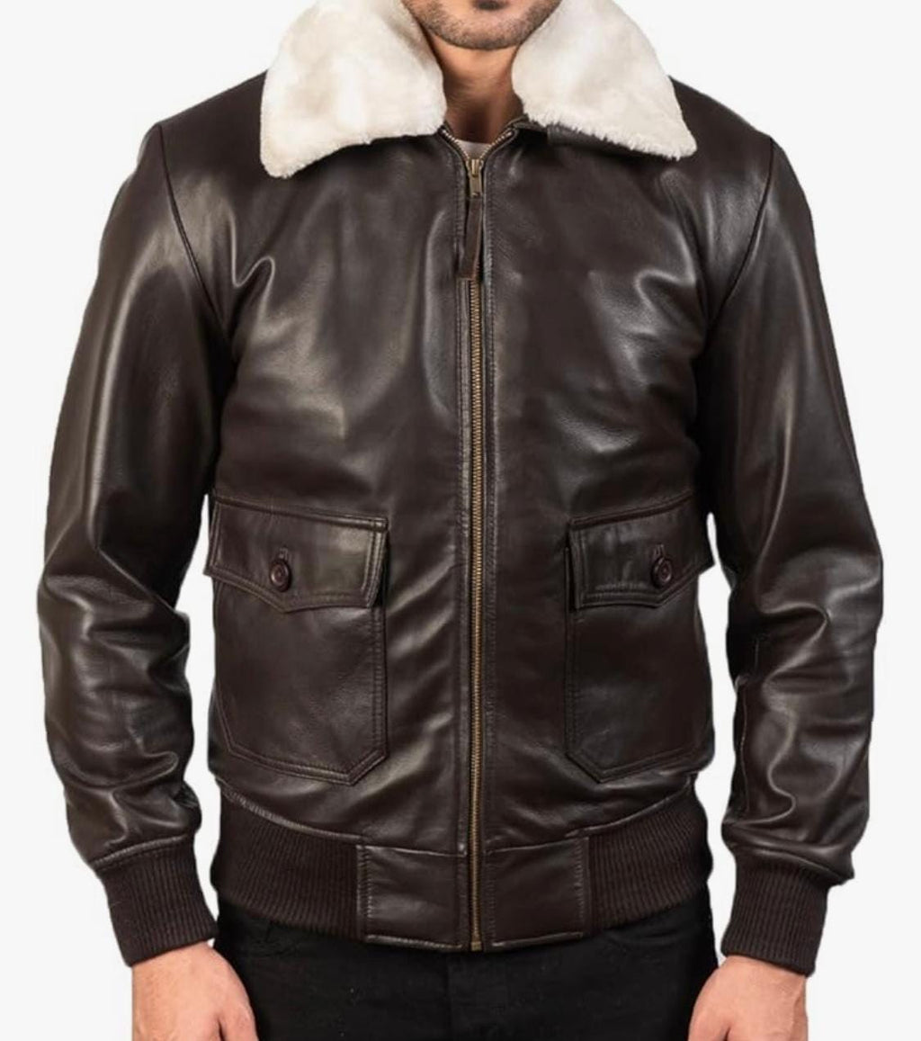 Men's Leather Aviator Jacket with white Faux Fur