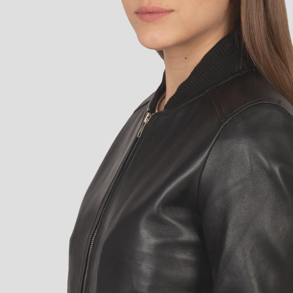 Women's Black Leather Jacket with Ribbed Trim