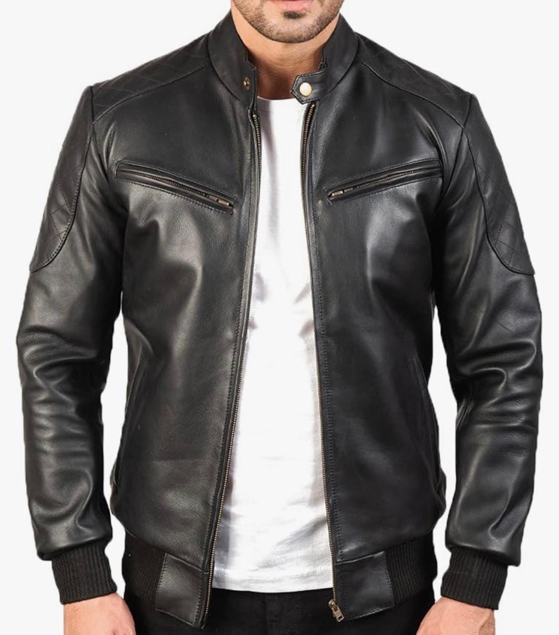 Men's Quilted Shoulder Ribbed Trim Biker Jacket