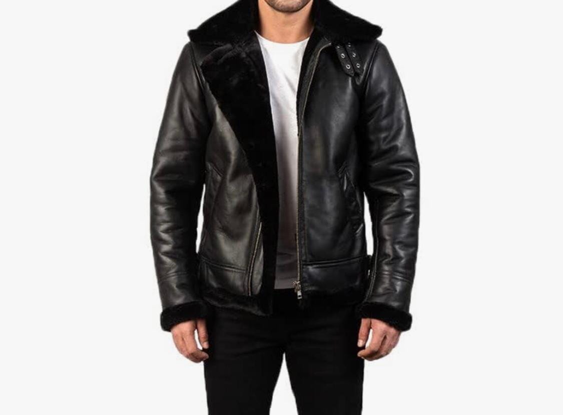 Men's Black Leather Jacket with Faux Fur