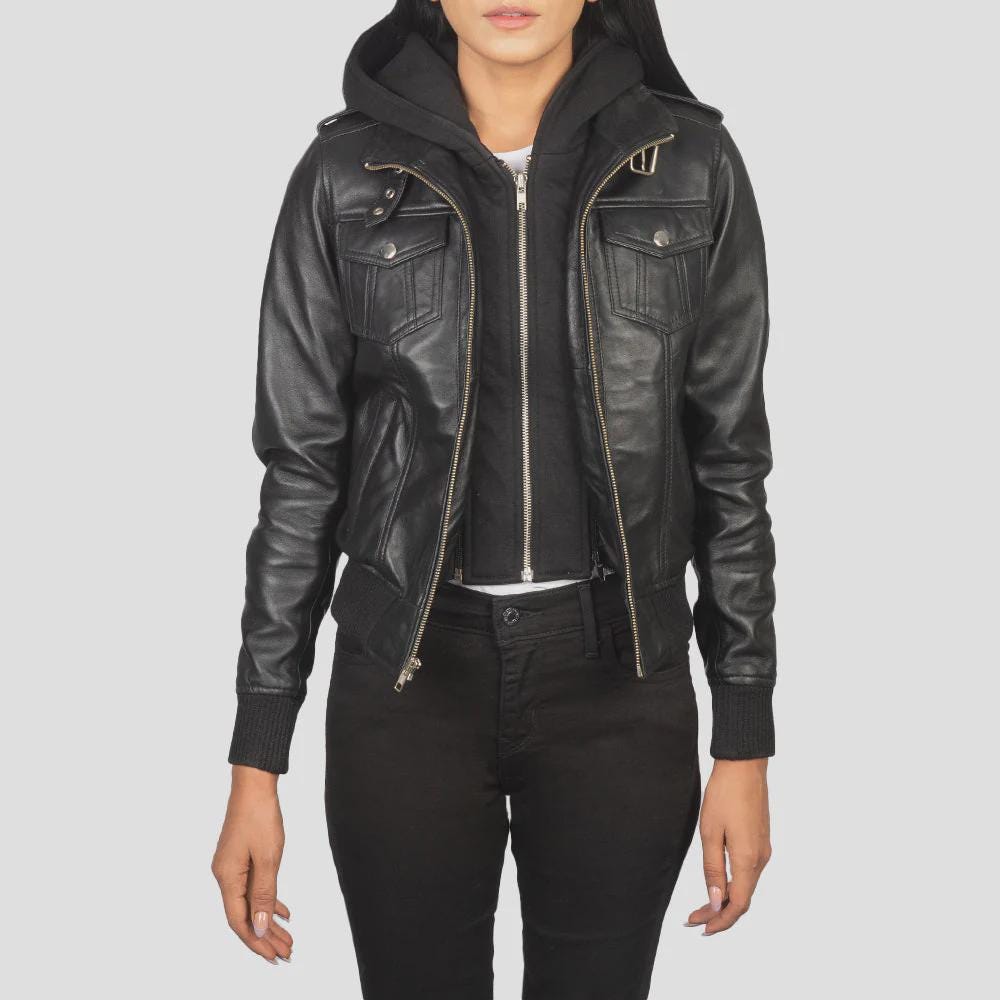Women's Black Leather Jacket with Hoodie