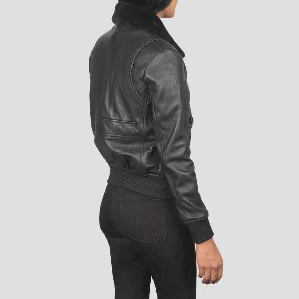 Women's Black Leather Bomber Jacket with Faux Fur Collar