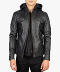 Men's Black Leather Jacket With Hood