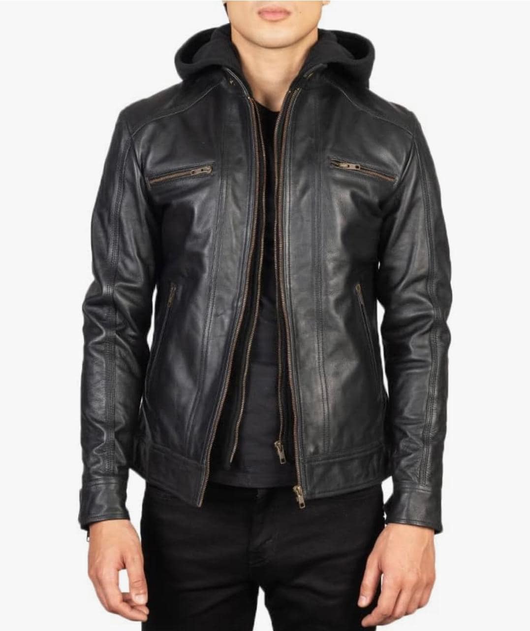 Men's Black Leather Jacket With Hood