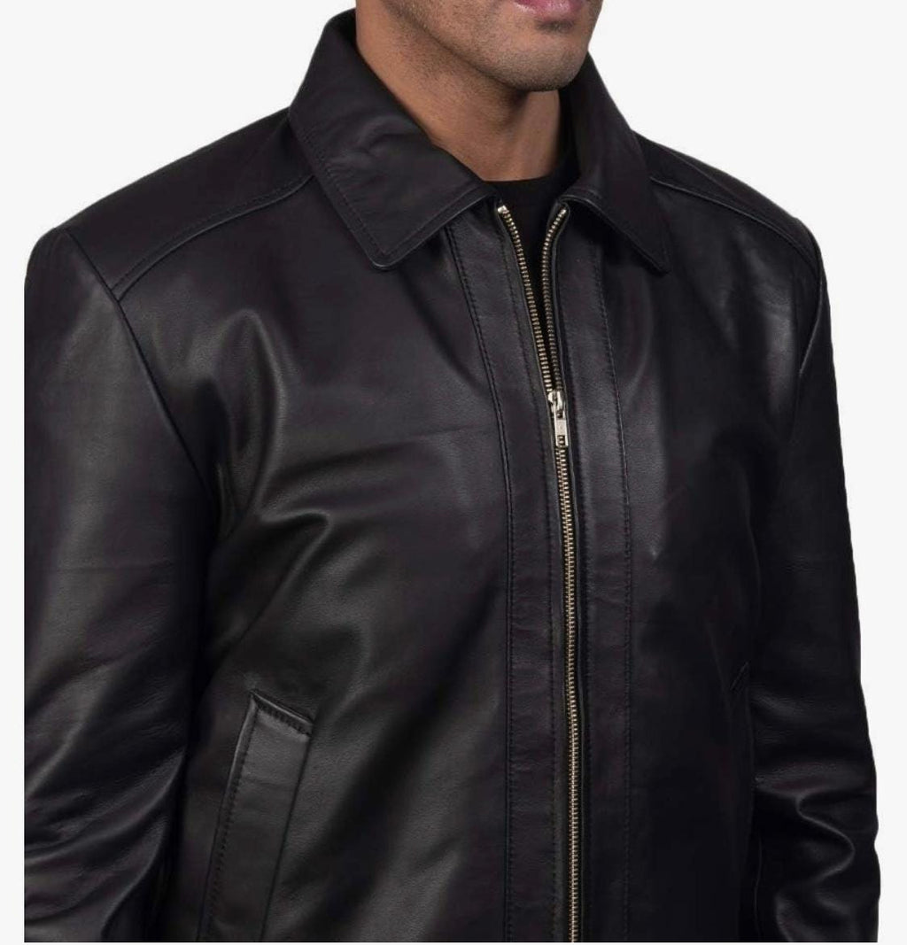 Men's Classic Black Leather Jacket with Collar