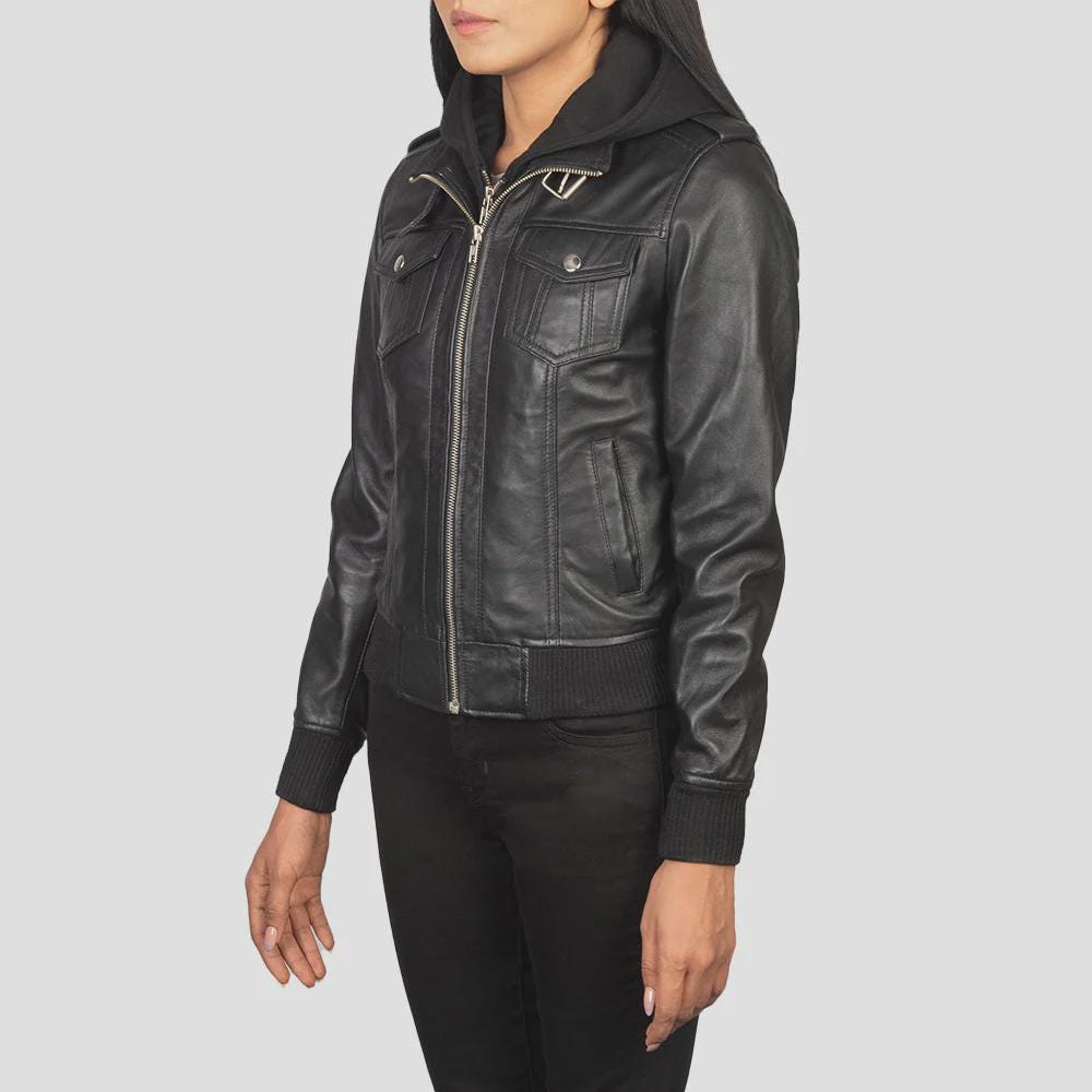 Women's Black Leather Jacket with Hoodie