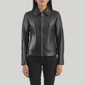 Women's Classic Black Leather Jacket with Collar