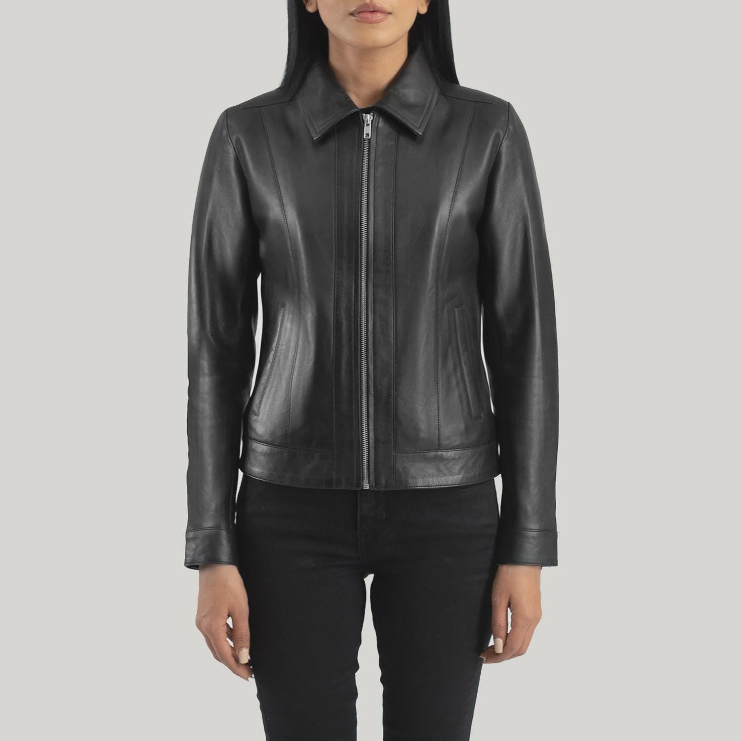 Women's Classic Black Leather Jacket with Collar