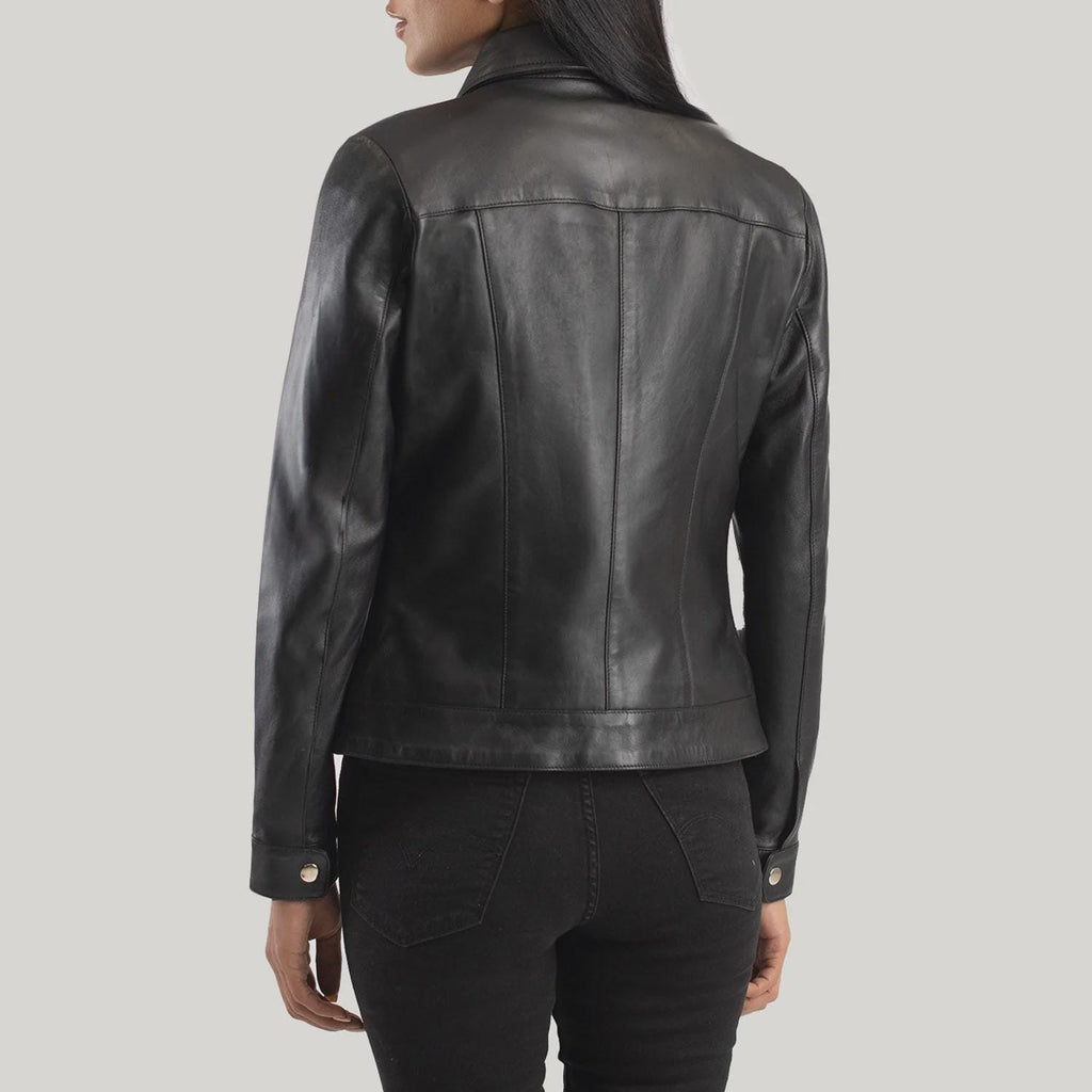 Women's Classic Black Leather Jacket with Collar