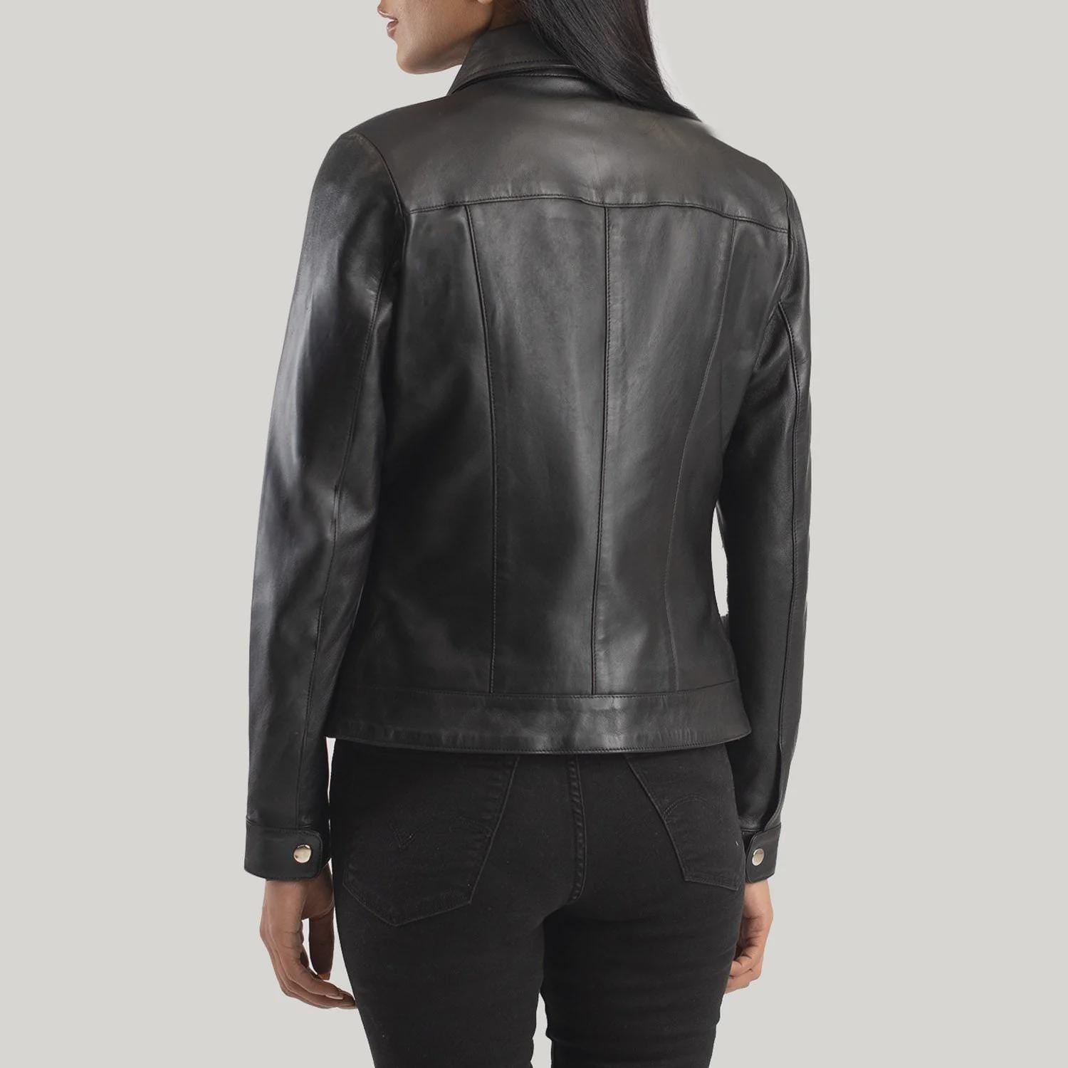 Women's Classic Black Leather Jacket with Collar