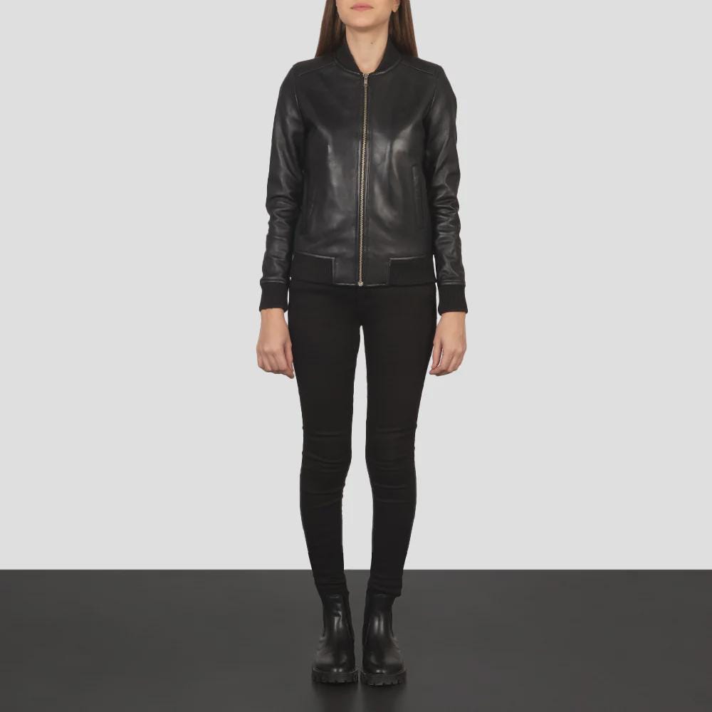Women's Black Leather Jacket with Ribbed Trim