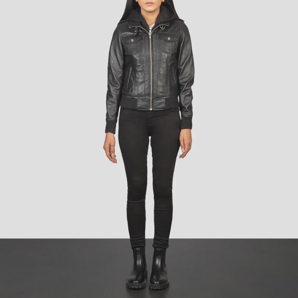 Women's Black Leather Jacket with Hoodie