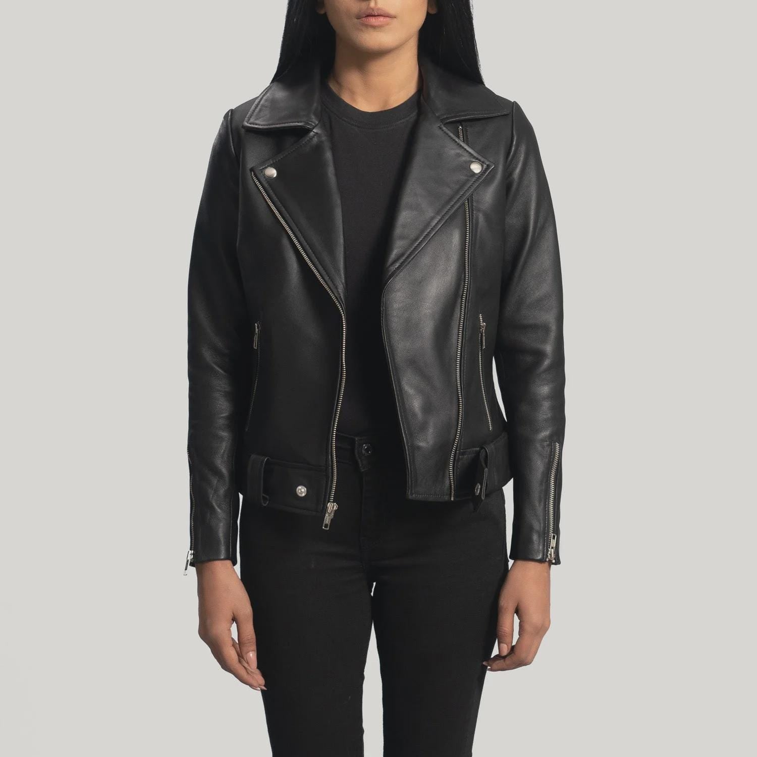 Women's Black Zip Cuff Biker Jacket