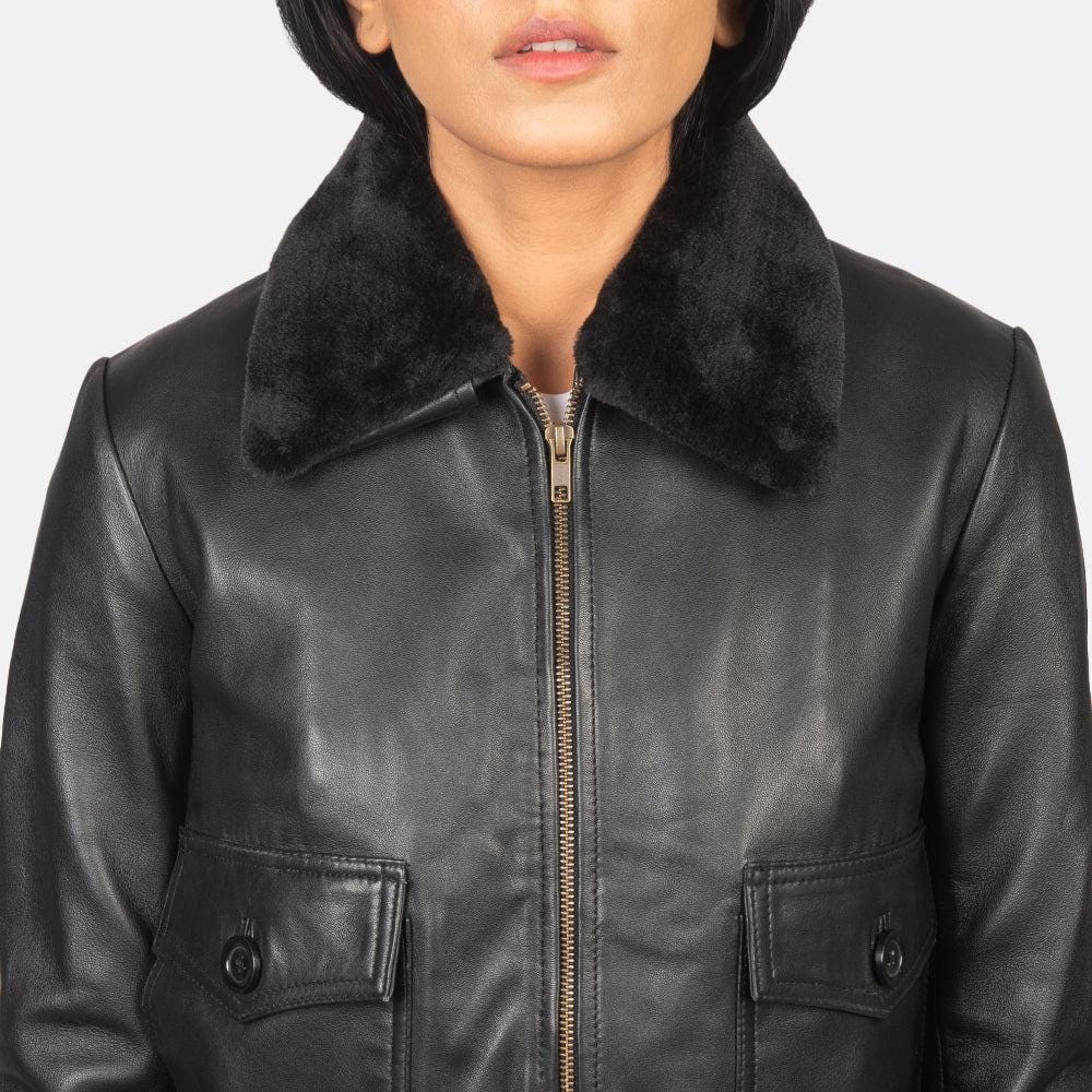 Women's Black Leather Bomber Jacket with Faux Fur Collar