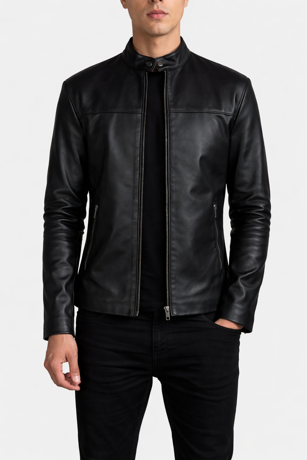 Men's Banded Collar Biker Jacket