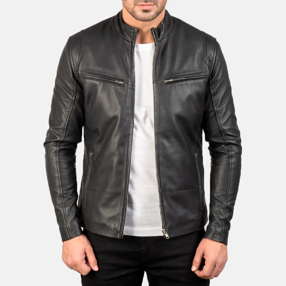 Black Classic Leather Jacket without Collar