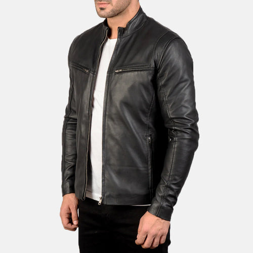 Black Classic Leather Jacket without Collar