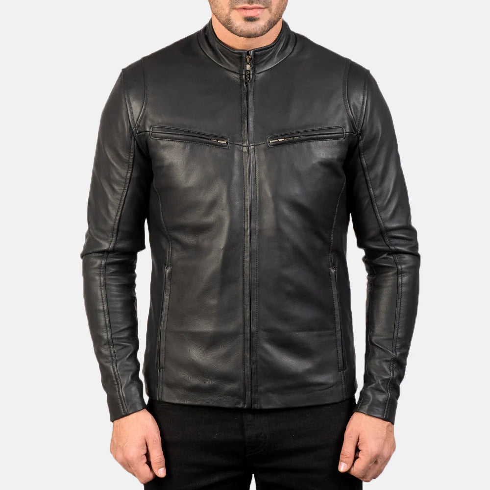 Black Classic Leather Jacket without Collar