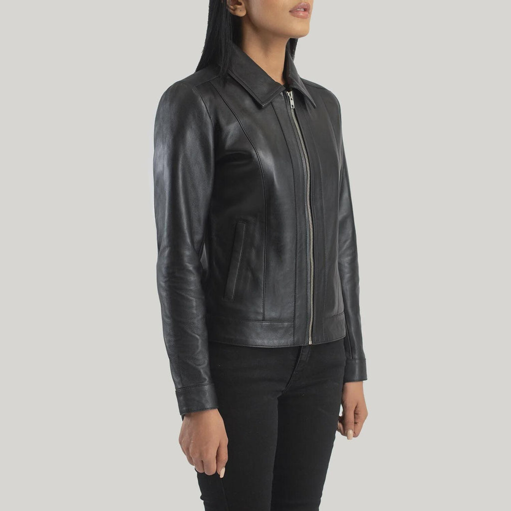 Women's Classic Black Leather Jacket with Collar
