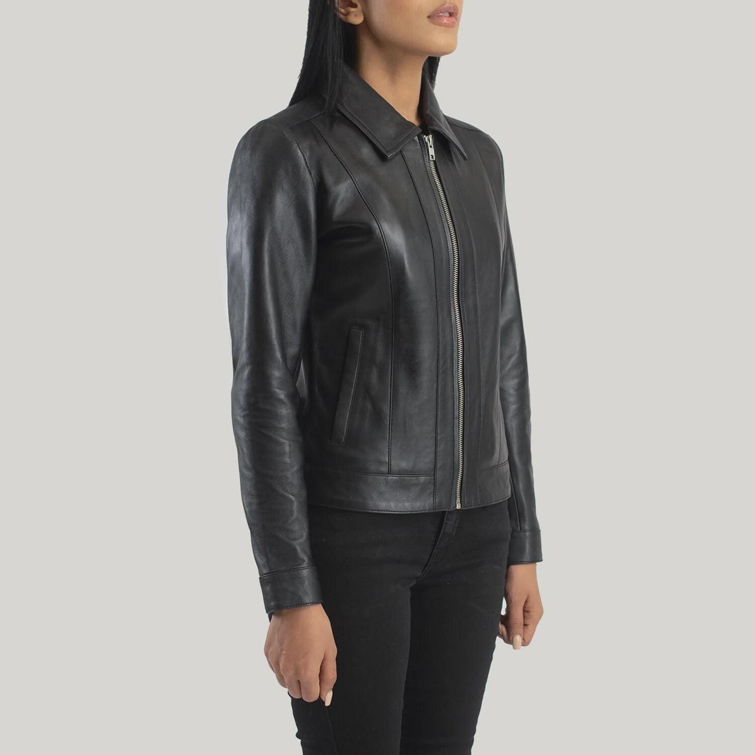 Women's Classic Black Leather Jacket with Collar