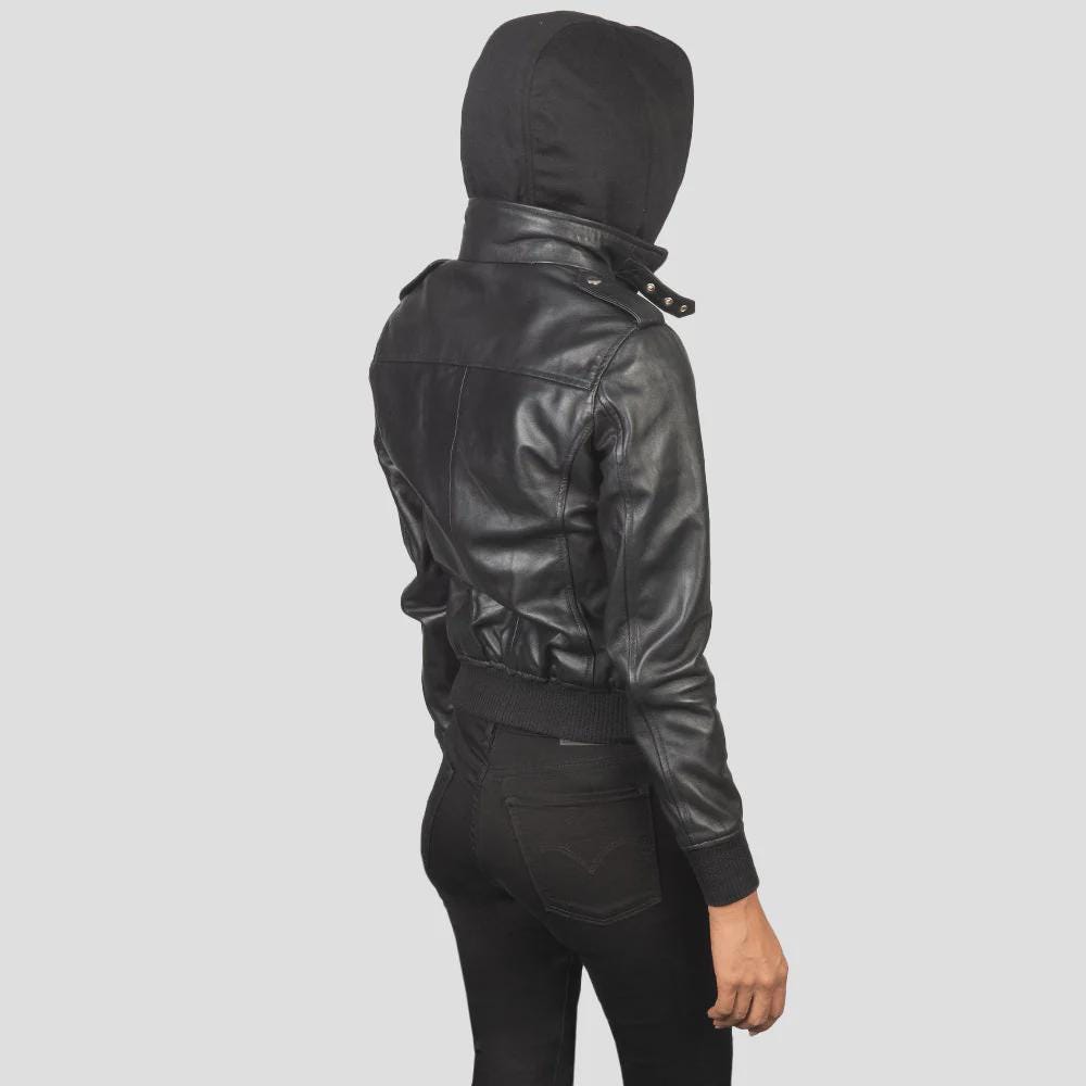 Women's Black Leather Jacket with Hoodie