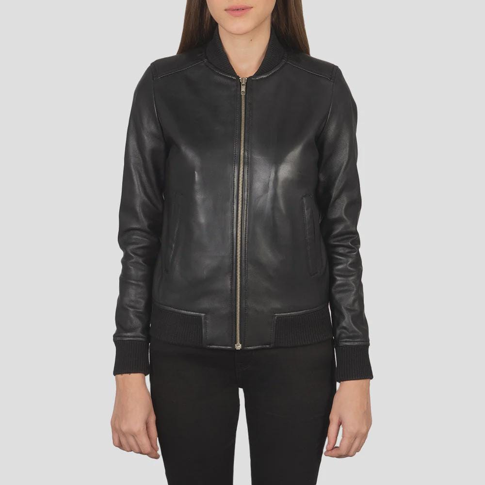 Women's Black Leather Jacket with Ribbed Trim