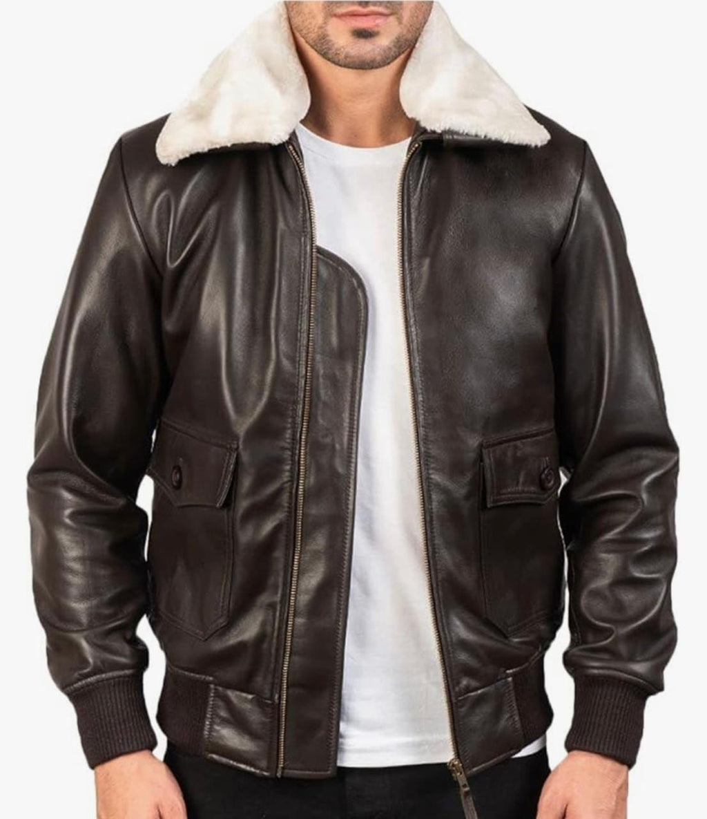 Men's Leather Aviator Jacket with white Faux Fur