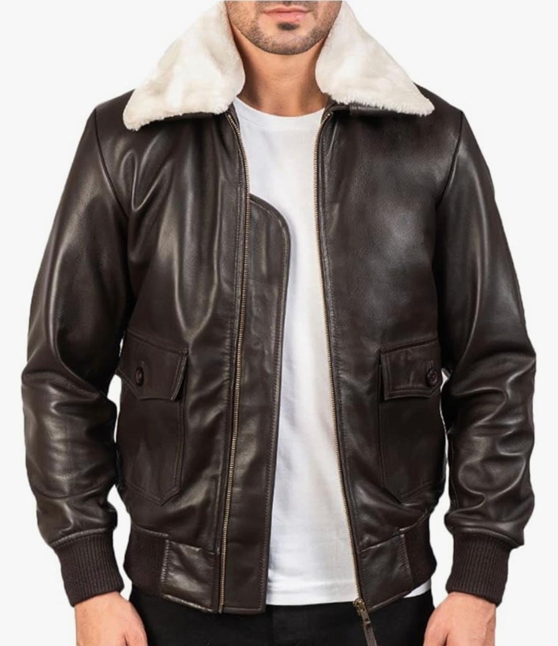 Men's Leather Aviator Jacket with white Faux Fur