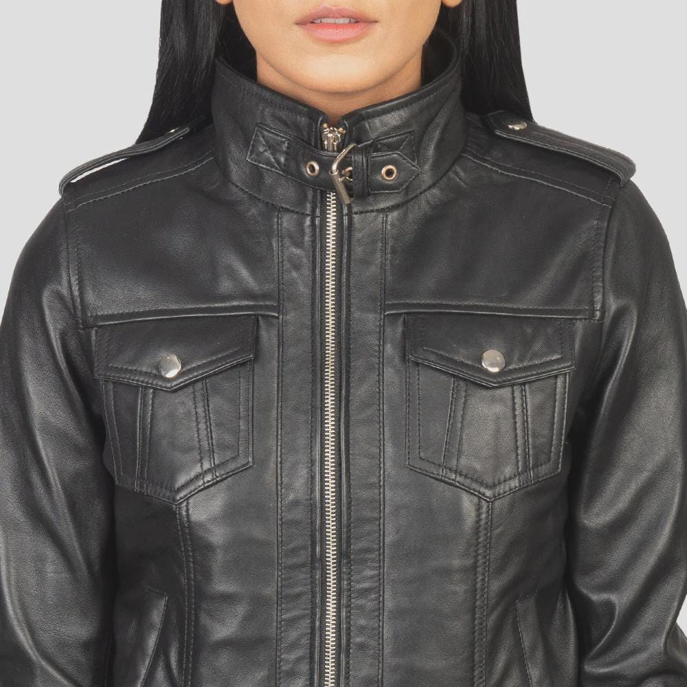 Women's Black Leather Jacket with Hoodie