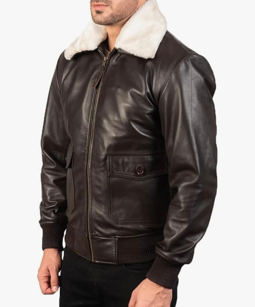 Men's Leather Aviator Jacket with white Faux Fur