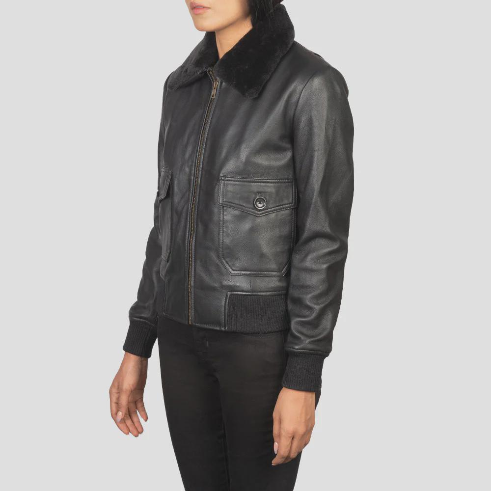 Women's Black Leather Bomber Jacket with Faux Fur Collar