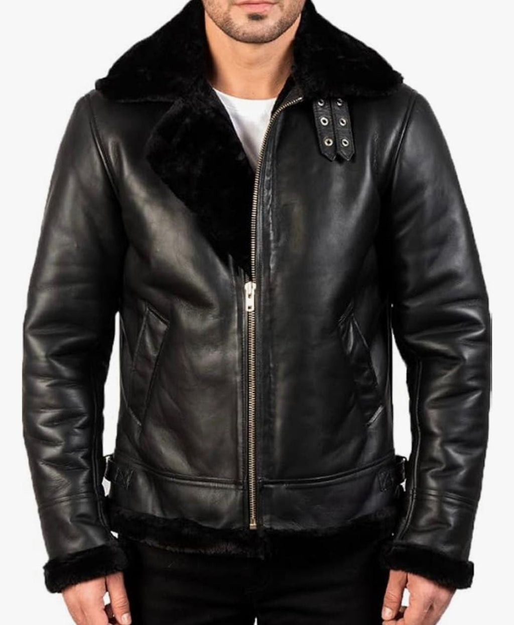 Men's Black Leather Jacket with Faux Fur