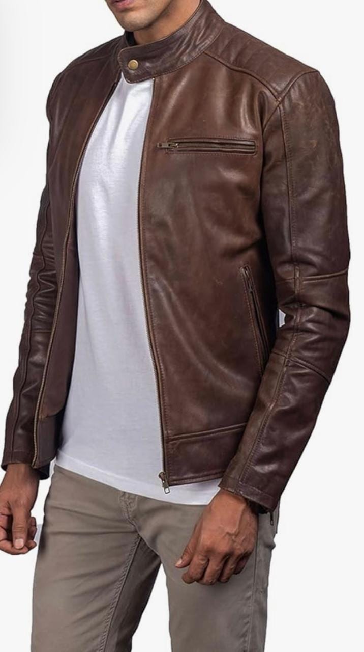 Sleek Bomber with Band Collar in Brown