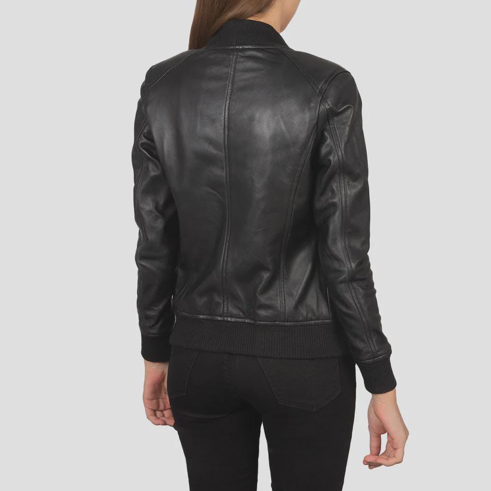 Women's Black Leather Jacket with Ribbed Trim