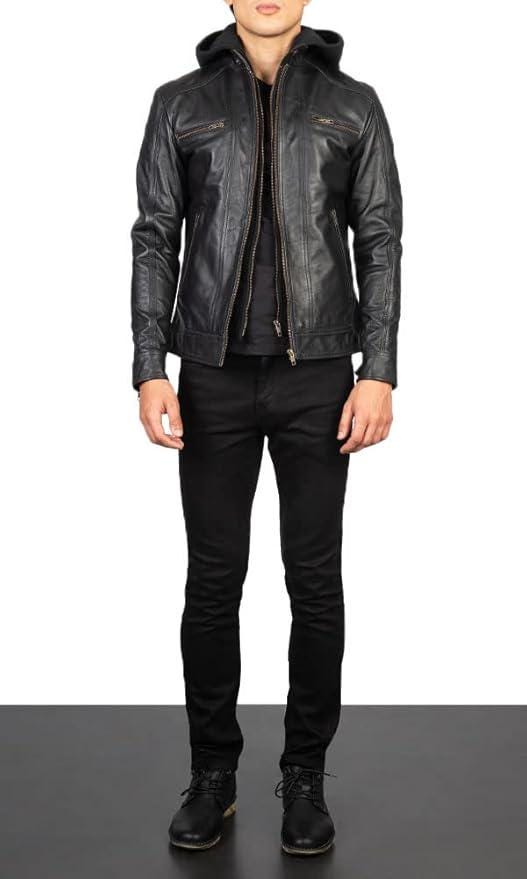 Men's Black Leather Jacket With Hood