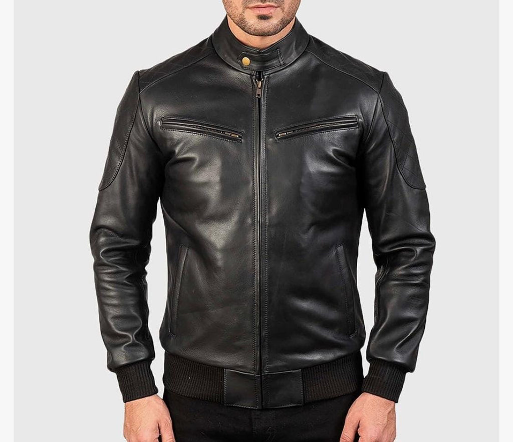 Men's Quilted Shoulder Ribbed Trim Biker Jacket