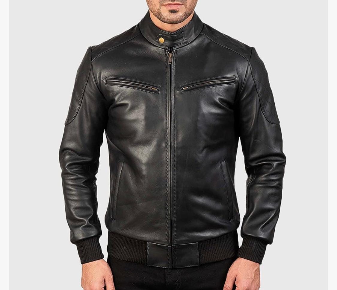 Men's Quilted Shoulder Ribbed Trim Biker Jacket