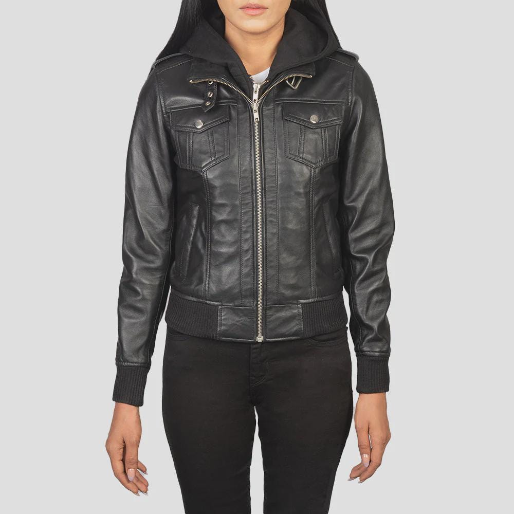 Women's Black Leather Jacket with Hoodie